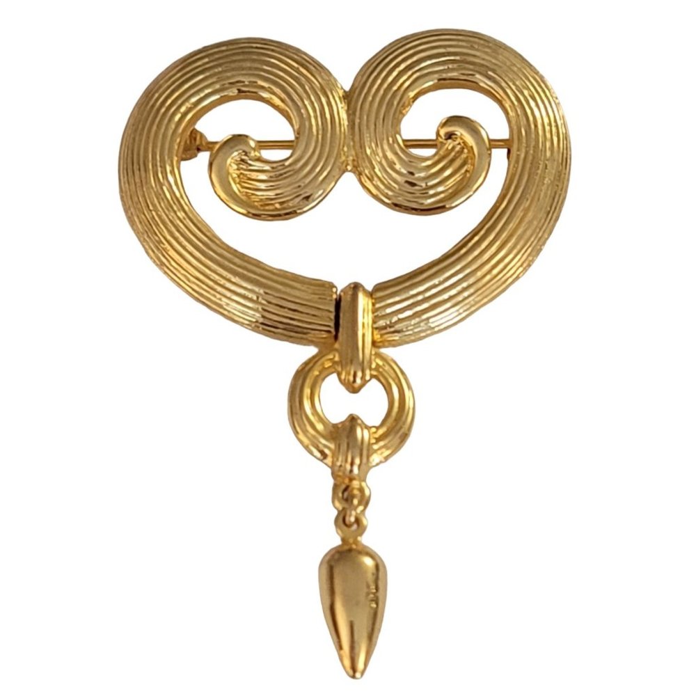 Gold Tone Designer Style Open Heart Scroll With Hinge Dangle Pin Brooch, K956
